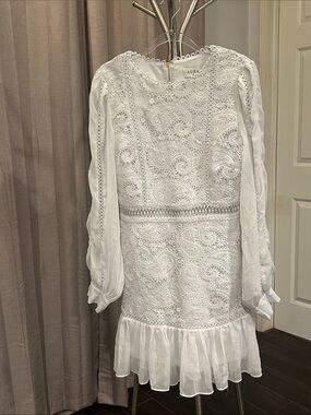 Aura White Lace Long-Sleeve Ruffle-Hem Dress